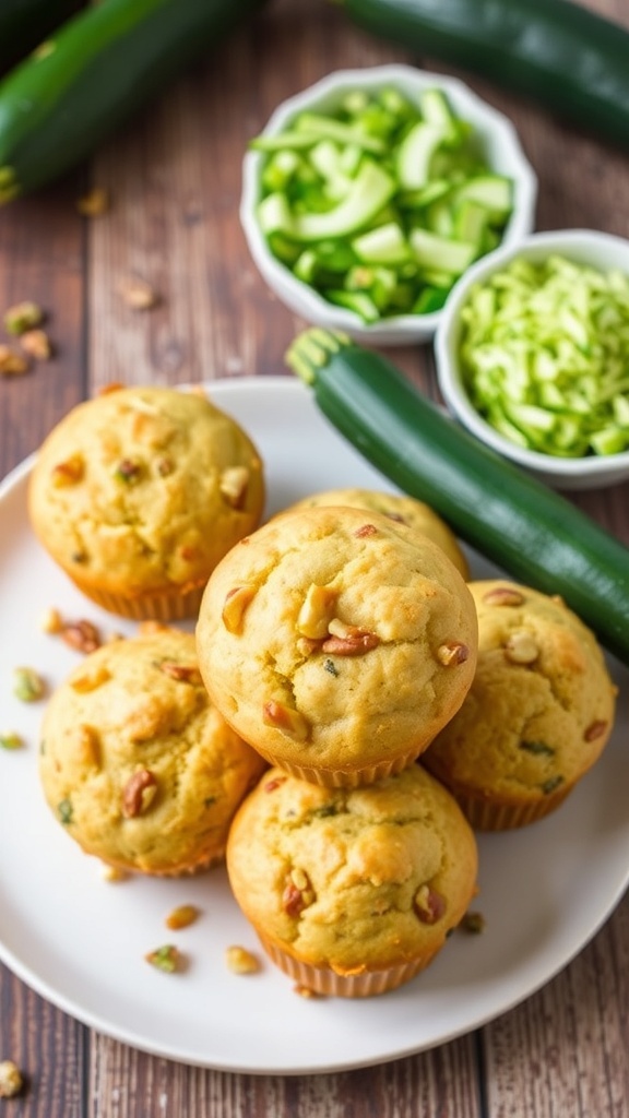 A stack of low carb zucchini muffins on a rustic table, showcasing their moist texture and green zucchini bits.